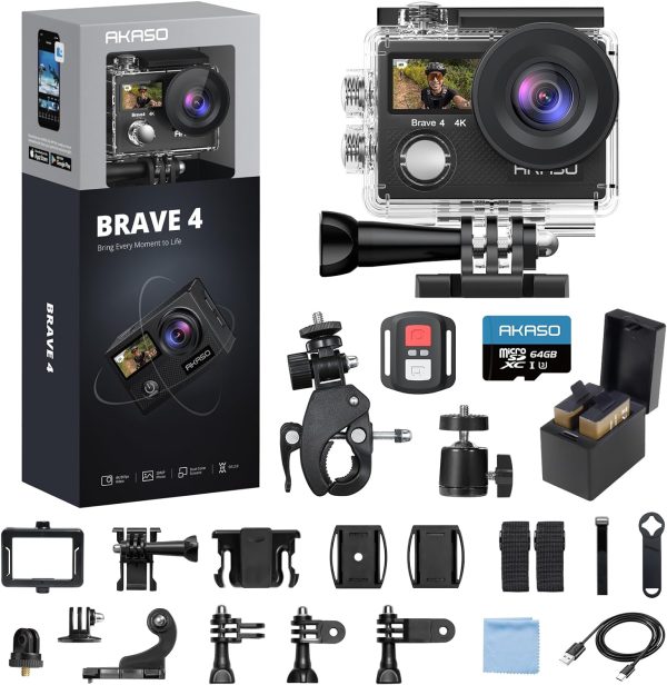AKASO Brave 4 Action Camera 4K 30fps with 64GB MicroSD U3 Card Bicycle Helmet Accessories Kit Bundle, 20MP Ultra HD 131FT Waterproof Underwater Camera EIS WiFi Remote Control 5X Zoom Sport Cameras